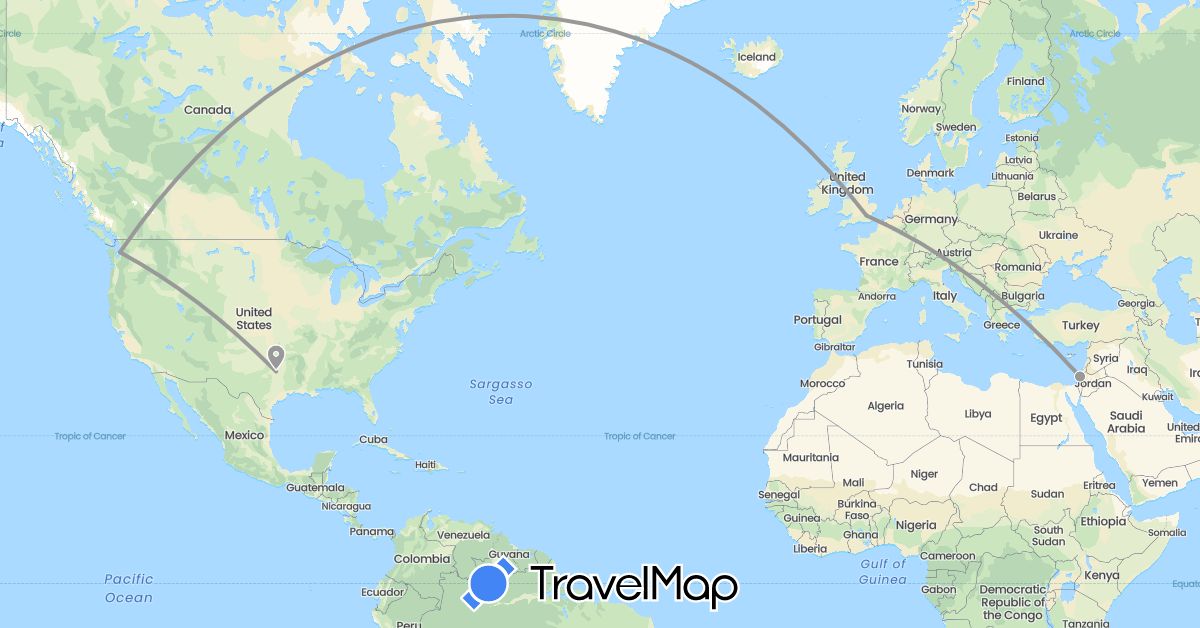 TravelMap itinerary: driving, plane in United Kingdom, Israel, United States (Asia, Europe, North America)